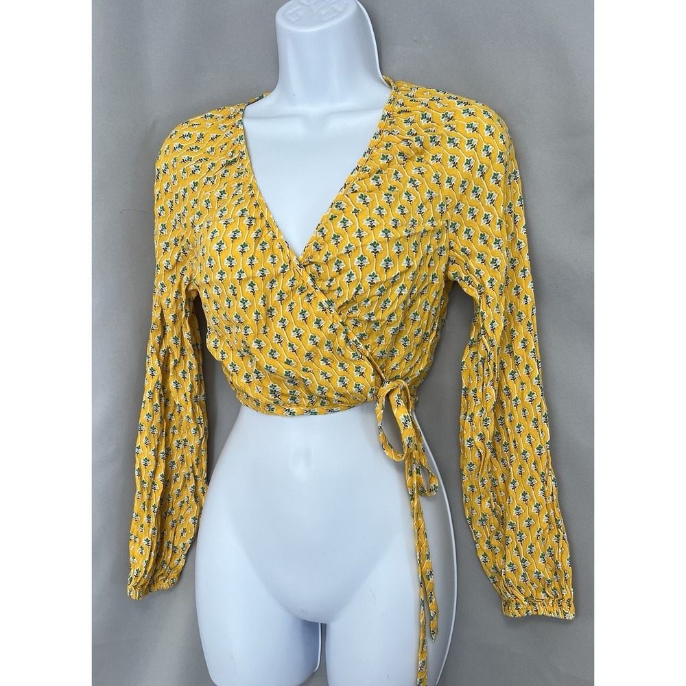Rhode Dainty Lotus Print Wrap Top Yellow/Turquoise Sz XS Long Sleeve - Picture 2 of 10